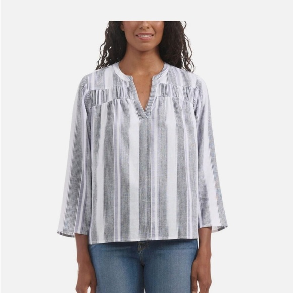 Splendid V-Neck Blouse Tunic Shirt Linen Striped 3/4 Sleeve Black White Size XXL - Picture 1 of 12